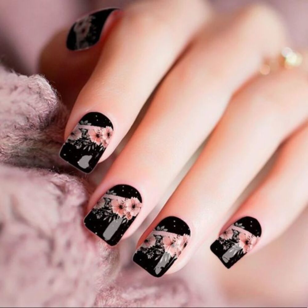 Colour Flash, “Midnight Poppies” pink poppies on a rich base,Retired nail strips